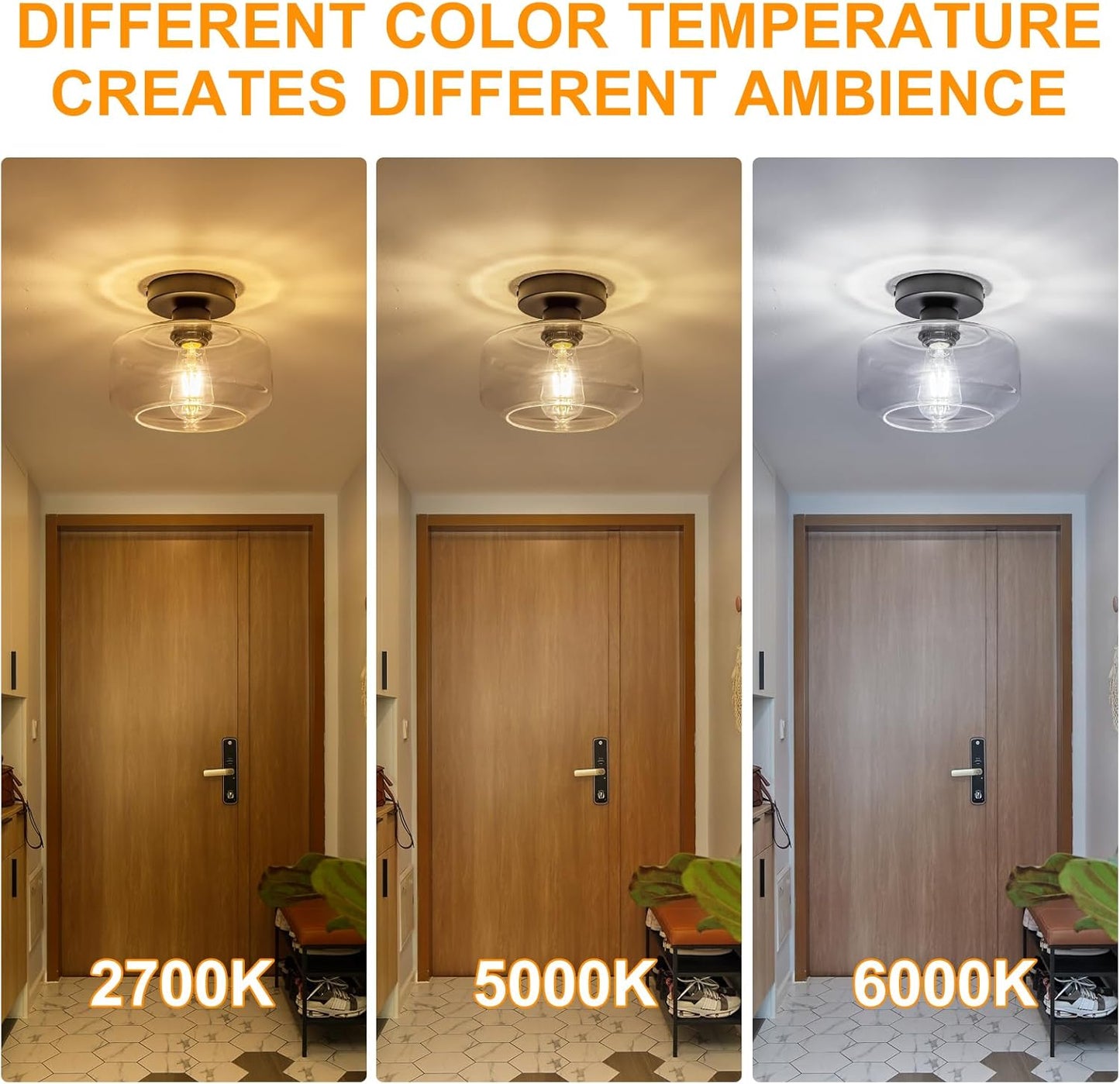 Black Flush Mount Ceiling Light - Modern Glass Semi-Flush Fixture w/LED Bulb - Matte Black Metal for Hallway, Kitchen, Bathroom, Bedroom - Easy Install