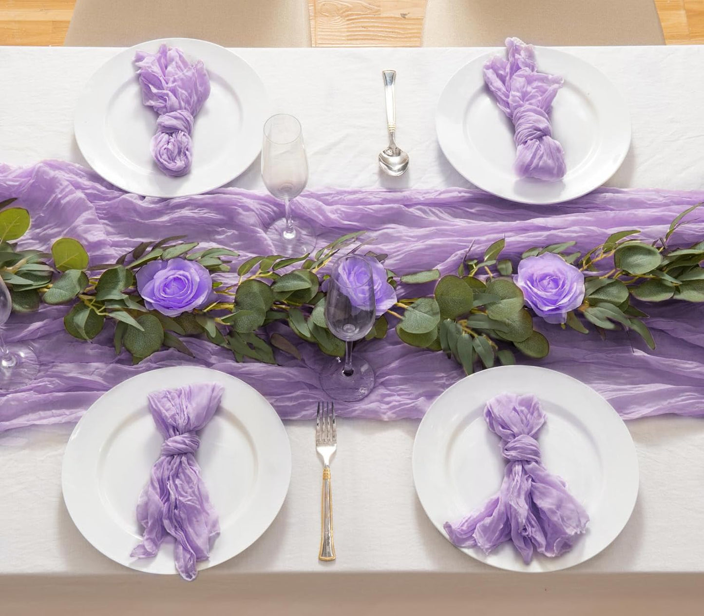 6 Pack Lavender Cheesecloth Table Runner 21x120 Inch Boho Wrinkled Sheer Romantic Gauze Decor for Wedding, Bridal Shower, Birthday Party