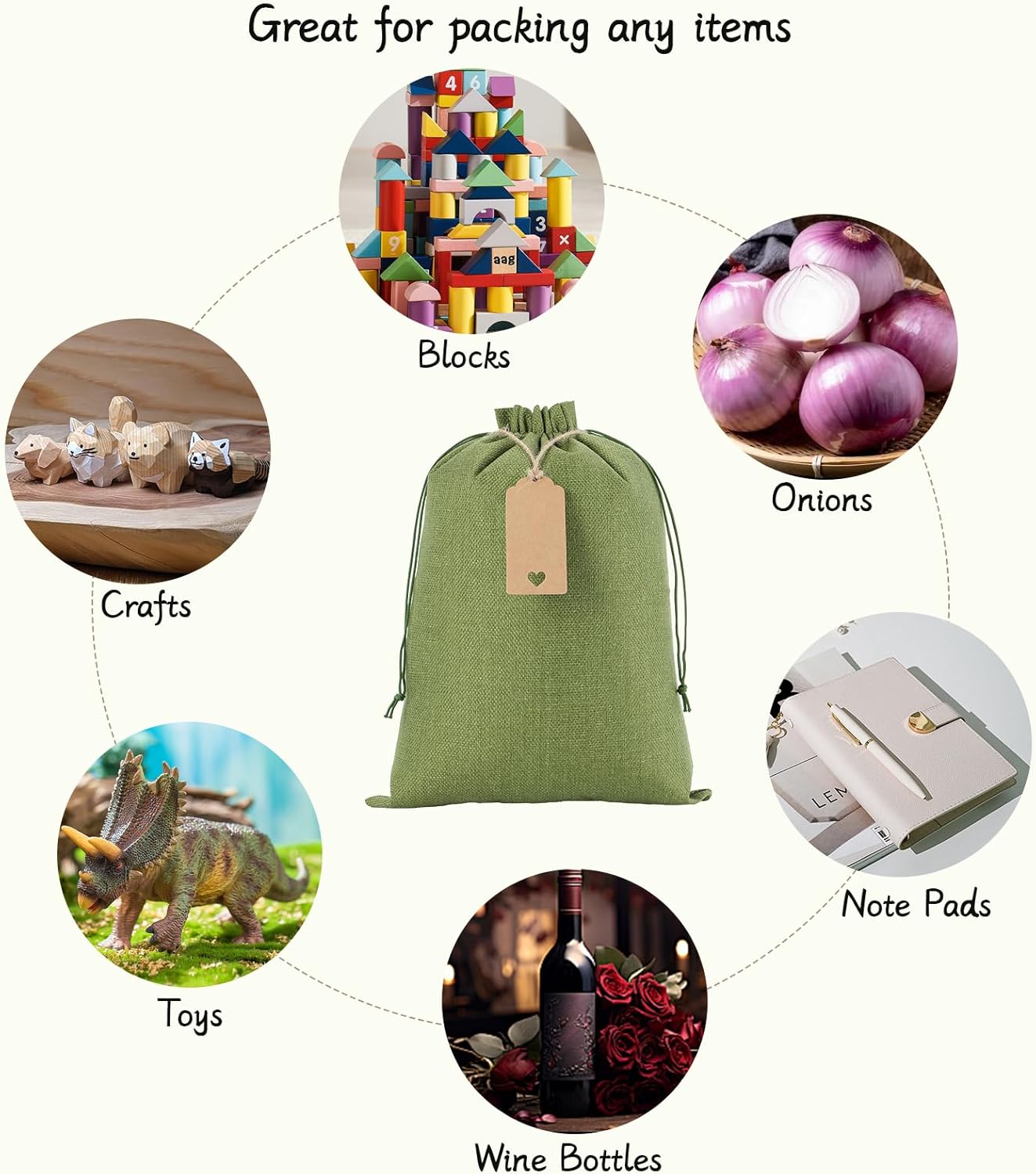 Tapleap Burlap Bags with Drawstring - 10Pcs 10x14 Green Gift Sacks for Wrapping Halloween Favors, Clothes, Toiletries, Breads, Root Ball, For Birthday, Wedding, Party or Household Use