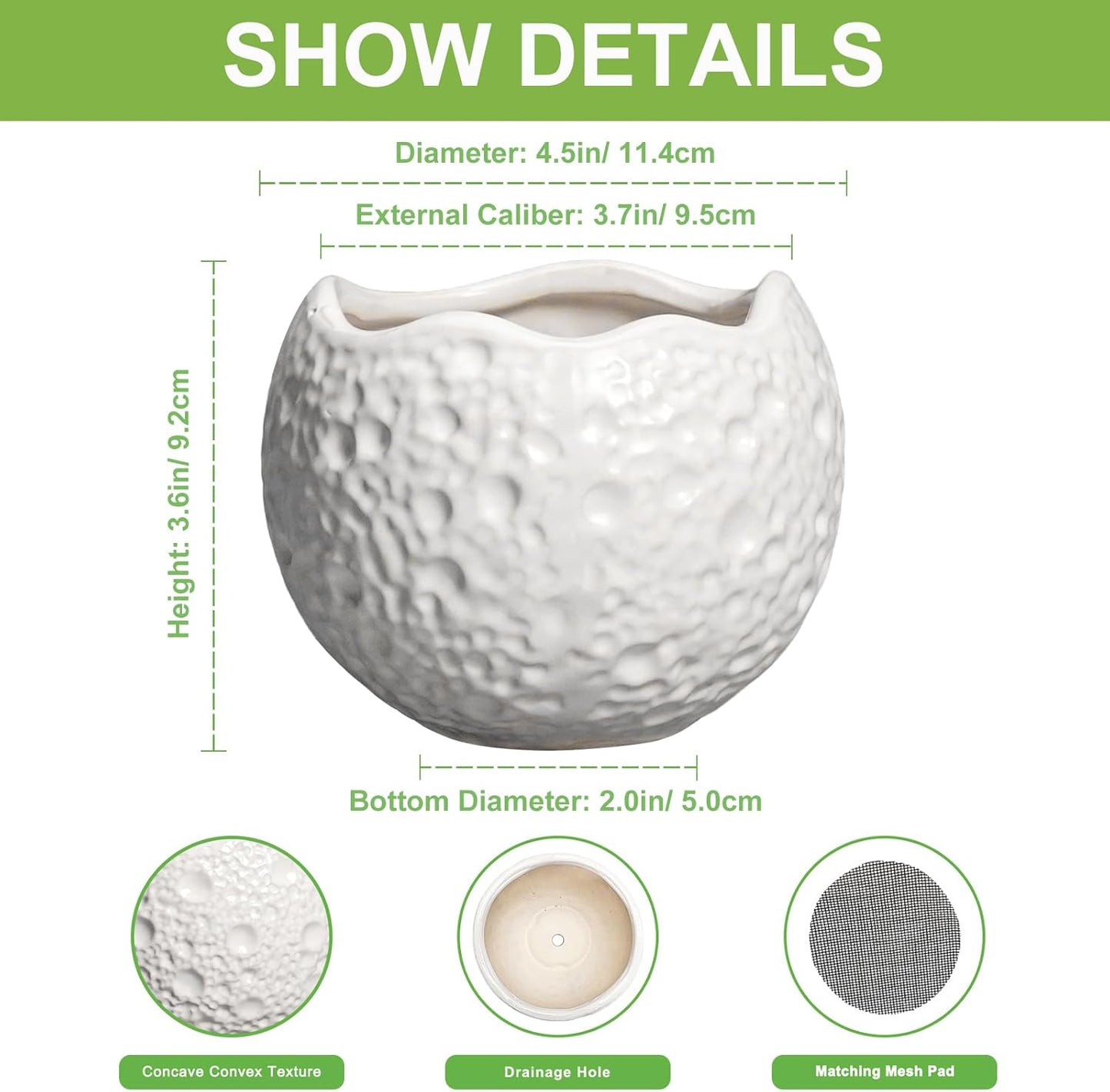 4 inch Plant Pots - Ceramic Pots for Plants with Drainage Hole, Small Planter for Indoor Outdoor, Unique Succulent Pot, Decorative Modern Round Planter, Desk Decor, Plant Lover Gifts, White