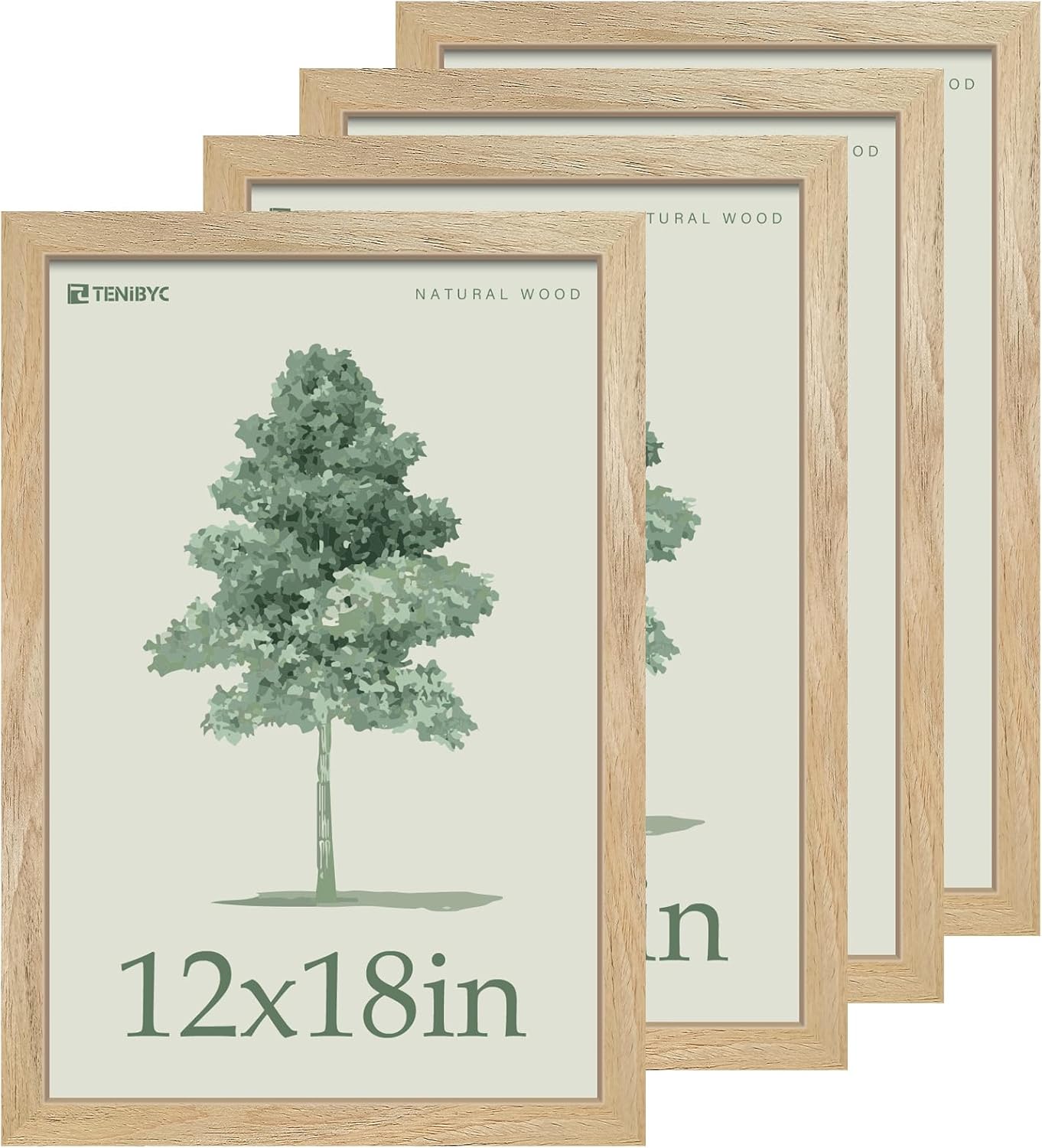 12x18 Poster Frame 4 Pack, Textured Natural Solid Wood Picture Frame, HD Tempered Glass, Wall Gallery Photo Frame