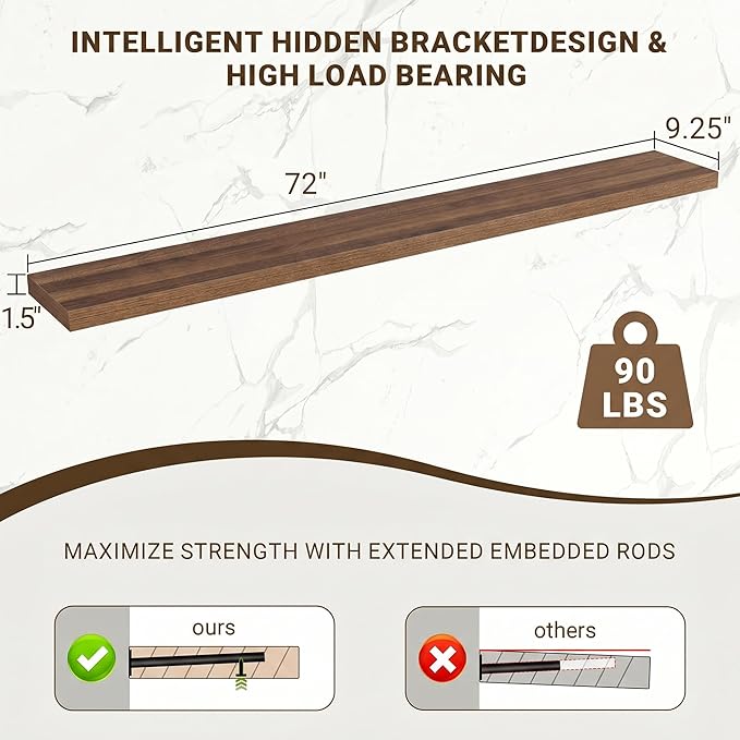 Acovy 72 Inch Floating Shelves, 3D Textured Wood Grain, Wooden Shelves - Image 3