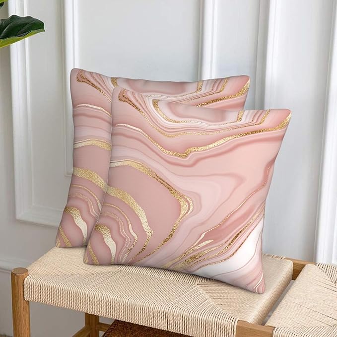 Pink and Gold Marble Throw Pillow Covers 18x18 Inch Set of 2, Abstract Art - Image 2
