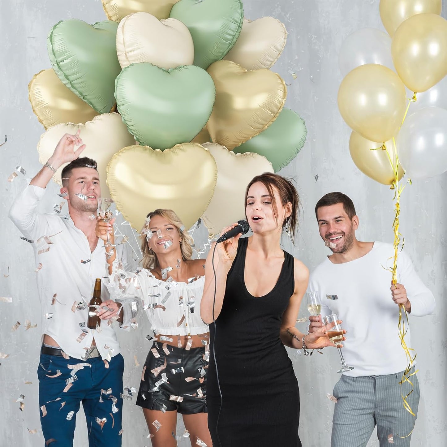 Sage Green Gold Heart Balloons,12Pcs Light Gold Heart Shaped Foil Balloons,18Inch Cream White Helium Polyester Film Balloon for Baby Shower Birthday Anniversary Wedding Party Decorations