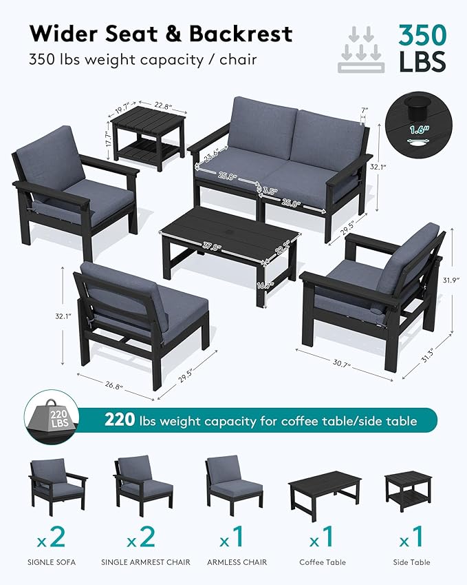 SERWALL HDPE Patio Furniture Set, 7-piece Outdoor Sectional Sofa Set, All - Image 2