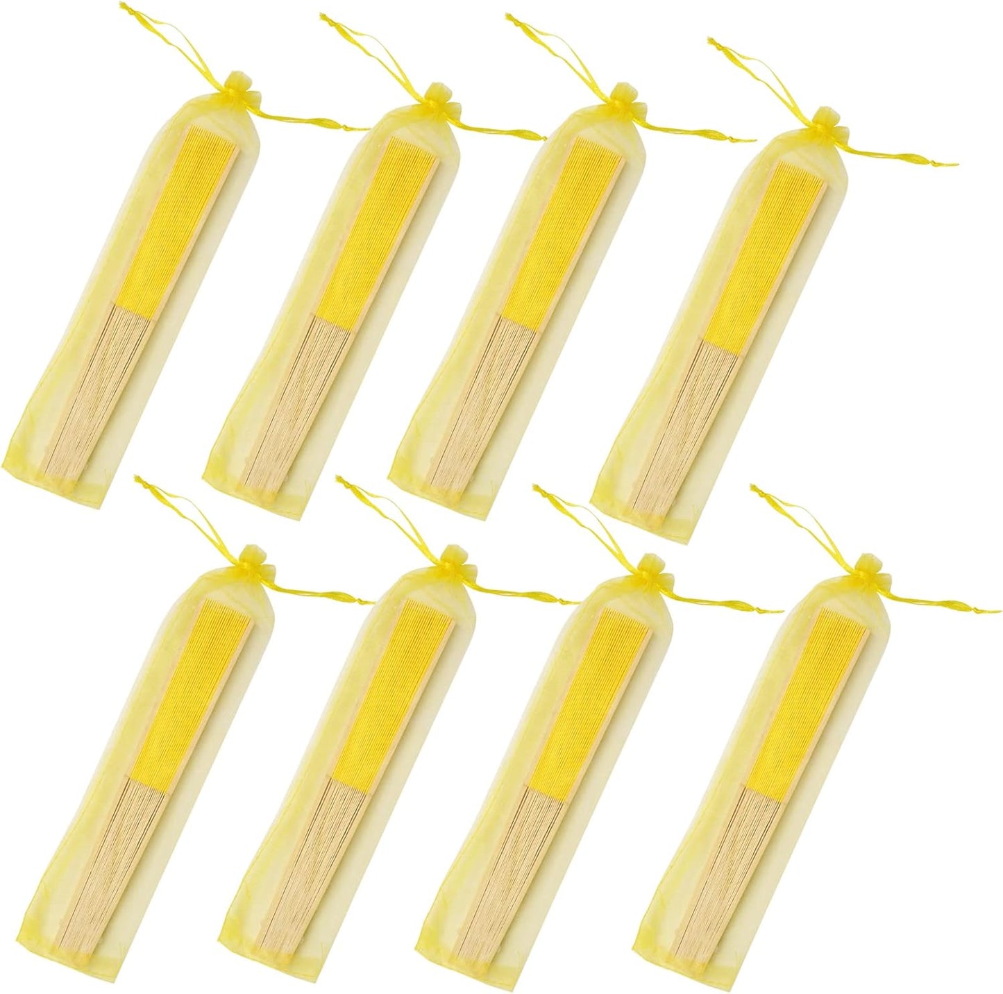 24pcs Imitated Silk Hand Fan Imitated Silk Fabric Bamboo Handheld Folded Fan Bridal Dancing Props Church Wedding Party Favors with Organza Bags (Yellow)