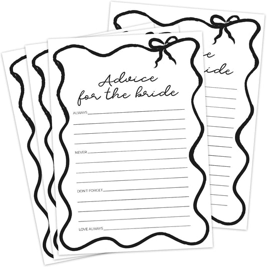 DEEKA 30 PCS Bridal Shower Games Card for 30 Guests Black Wavy Border Ribbon Bow Funny Wedding Bachelorette Party Games for Reception (Advice for The Bride)