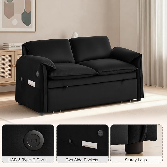 63" Velvet 3 in 1 Convertible Sleeper Sofa Bed, Pull Out Couch Bed Loveseat - Image 4