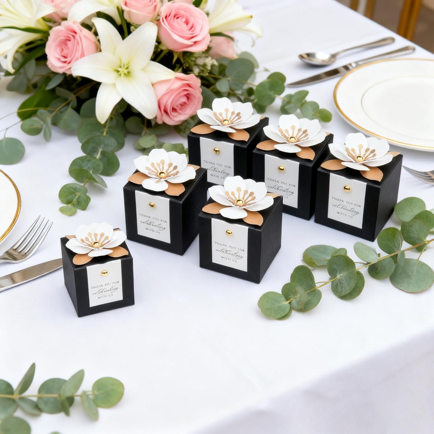 FEIYI 20 PCS Candy Boxes, 3 In 1 Black Favor Boxes with Floral Decor, White Thank You Tags Gift wrapping for Wedding Birthday Baby Shower Decorations Party -2.55x2.55x2.55''