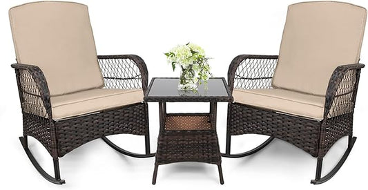 LEVELEVE 3 pcs Rocking Bistro Set Conversation Chairs PE Wicker Outdoor Rocking by Enjoyyourlife