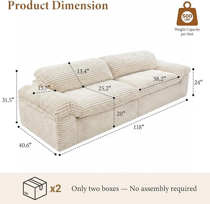 Vesgantti 118" Modular Sectional Couch, Comfy Corduroy Upholstered Cloud Couches - Image 2