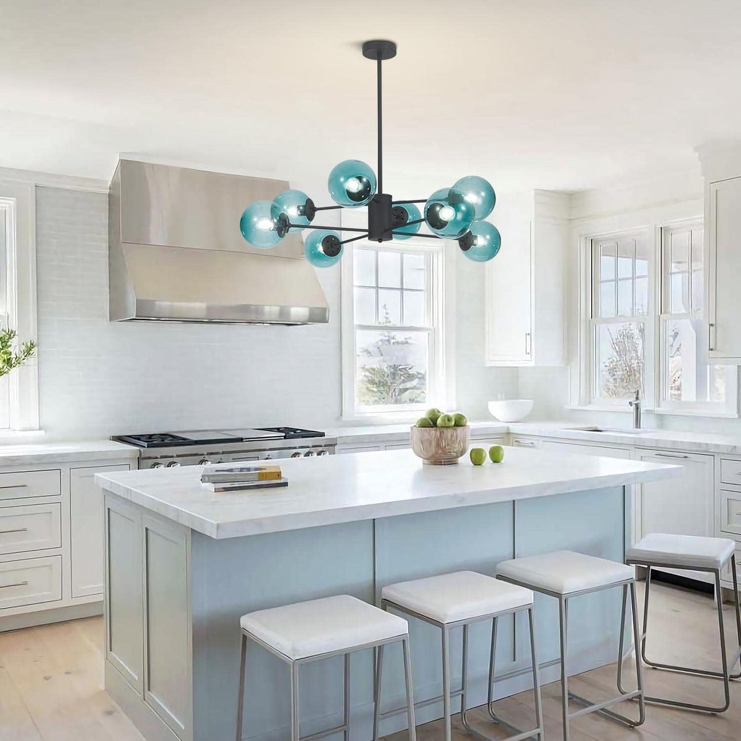 KCO Lighting Modern 8-Lights Blue Glass Sputnik Chandelier Mid-Century Matte Black Globe Flush Mount Chandelier Industrial Large Glass Ball Sputnik Chandelier Pendant Lamp (Black+Blue)