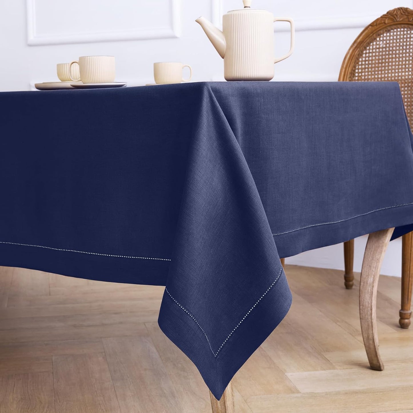 Solino Home Linen Navy Blue Tablecloth 60 x 144 Inch - Classic Hemstitch, 100% Pure Linen Rectangular Tablecloth - Machine Washable Table Cloth for Fall, Autumn, Thanksgiving, Christmas, Holiday