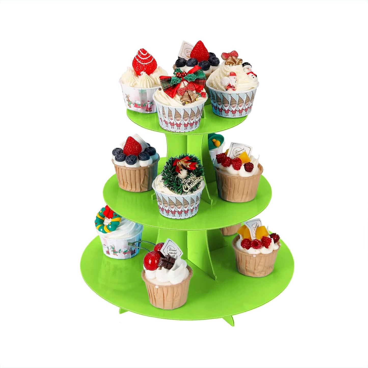 2Pcs 3-Tier Cupcake Stand, Cake Stand holder, Tiered DIY Cupcake Stand Tower for Dessert Table Displays, Birthday Theme Party Favors Decoration, Floral Tea Party, 12" W x 12.8" H, Green