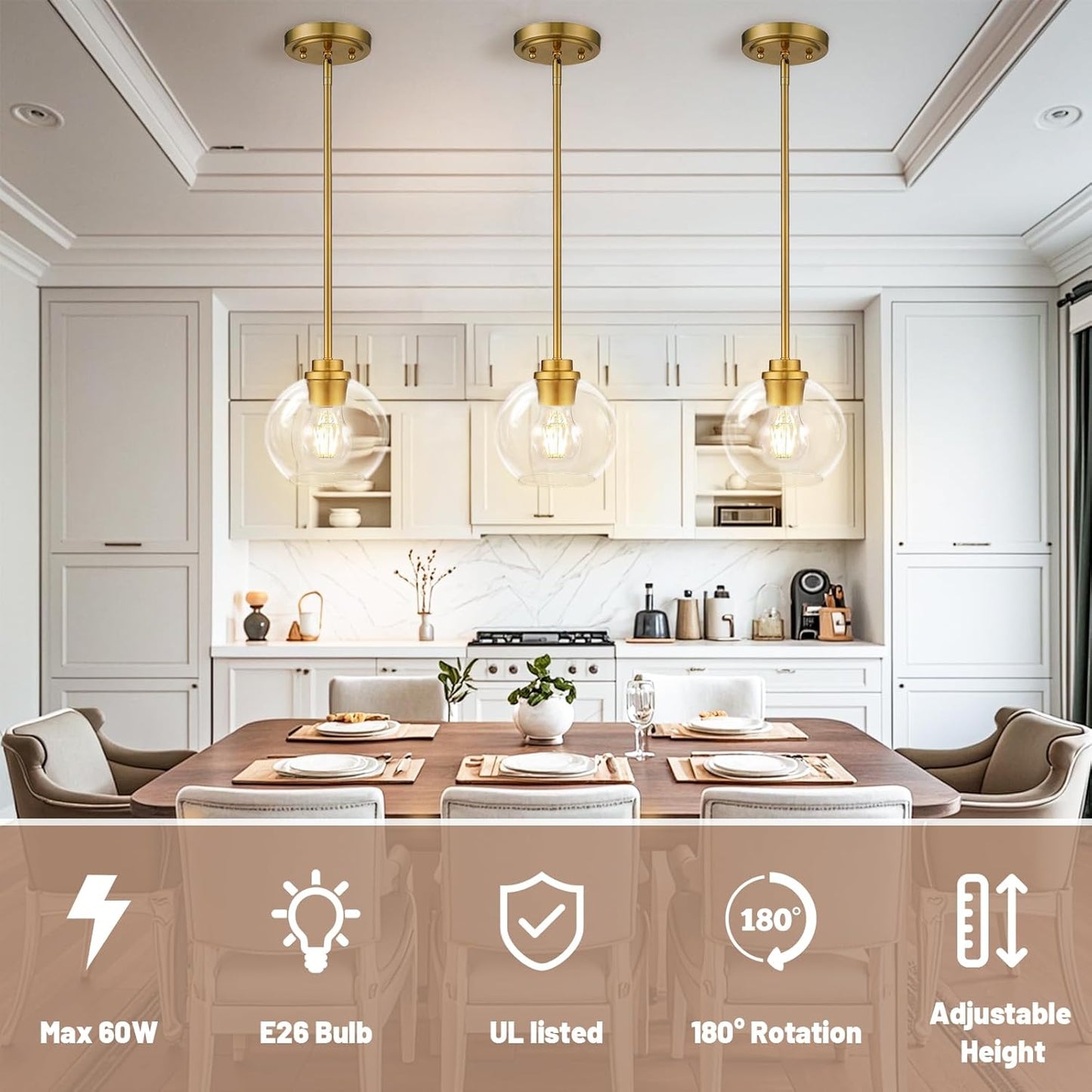 Globe Pendant Lights Kitchen Island, Farmhouse Gold Pendant Light with Clear Glass Globe Shade, Adjustable Hanging Light Fixture for Dining Room, Entryway & Over Sink Lighting