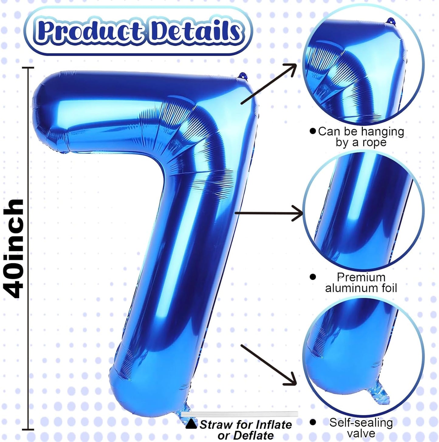 40 Inch Navy Blue Number 7 Balloon, Dark Royal Blue Large Self Inflating Foil Balloons for 7th Birthday Decoration Boys, Digital 7 Helium Balloon for Girls Men Birthday Baby Shower Anniversary Party