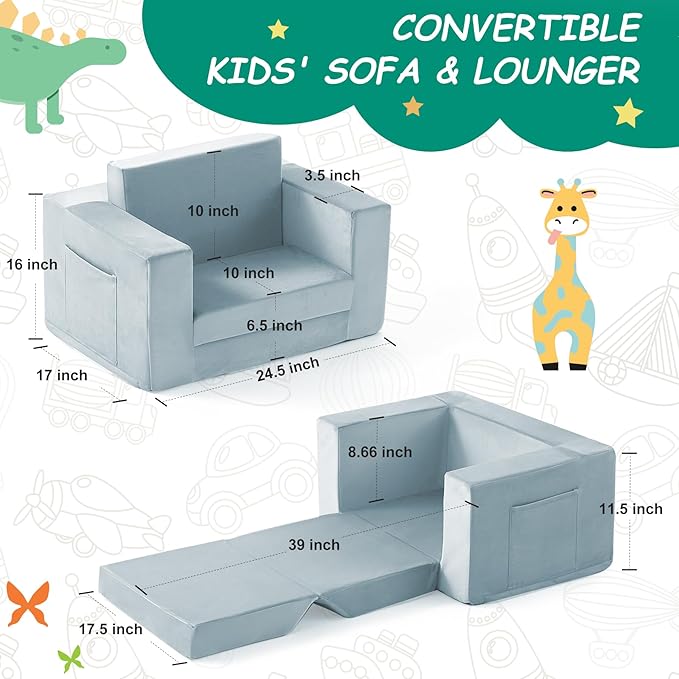 Kids Couch, 2-in-1 Toddler Chair Comfy 1-3 Years, Convertible Kids Chair - Image 3