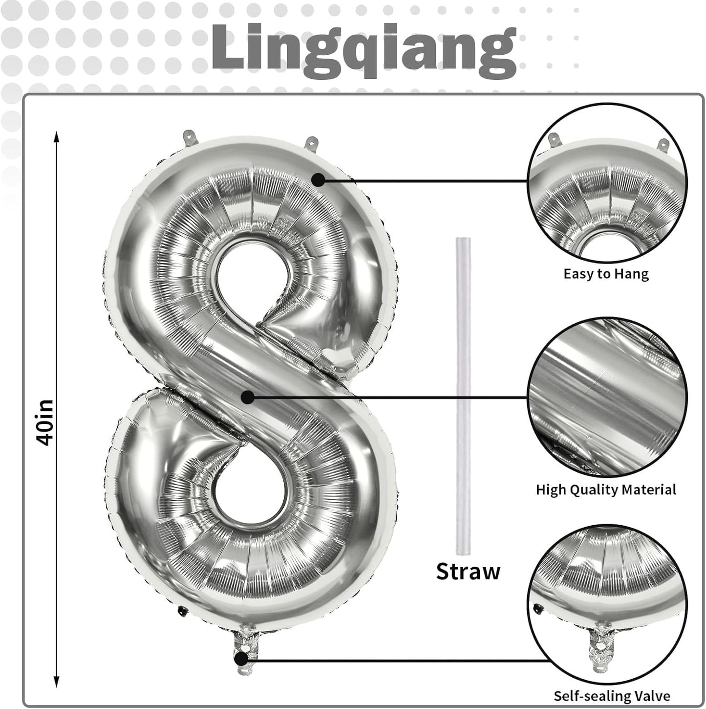 Silver Foil Balloon Number 8 for Boys, 40'' Giant Self Inflating Number Balloons Set 0-9 for Girls, Large Number 8 Helium Balloon for Women Men 8th Birthday Anniversary Party Decorations Supplies