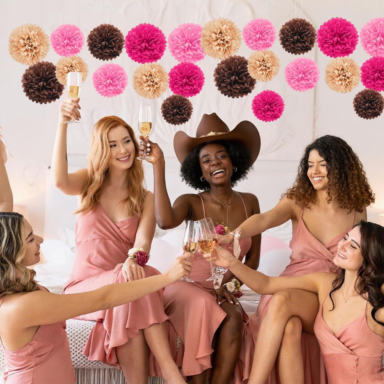 Capesaro Pink and Brown 12PCS Paper Pom Poms Party Decorations for Western Cowgirl Birthday Retro Rodeo Party, Hanging Tissue Paper Flowers for Engagement,Wedding,Baby Shower
