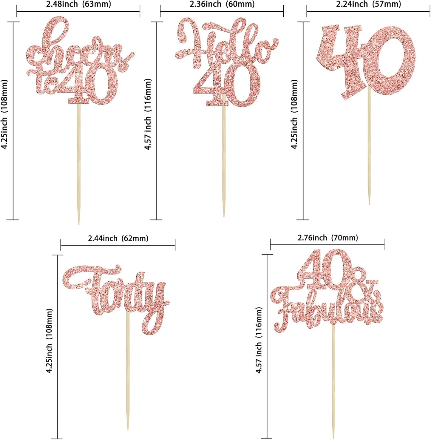 Gyufise 30Pcs Happy 40th Birthday Cupcake Toppers Rose Gold Glitter Forty Cheers to 40 Years Old Birthday Cupcake Picks for Happy 40th Birthday Anniversary Party Cake Decorations