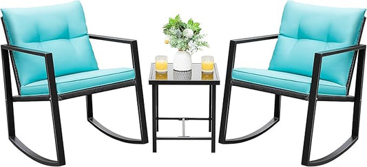 Devoko 3 Piece Rocking Bistro Set Wicker Patio Outdoor Furniture Porch Chairs by DEVOKO