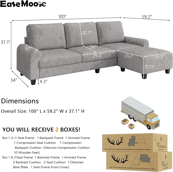 EASE MOOSE Large Seat Velvet L-Shaped Sofa, Soft 4 Seat Couch - Image 2
