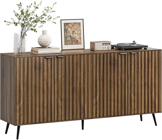 Smuxee 63" Fluted Sideboard Cabinet, Freestanding Walnut Buffet Cabinet - Image 8
