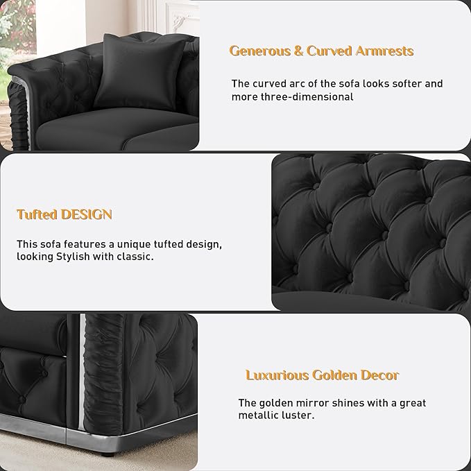 84.6" Luxury Chesterfield Sofa Velvet Tufted Sofa Black and Silver Couch - Image 4