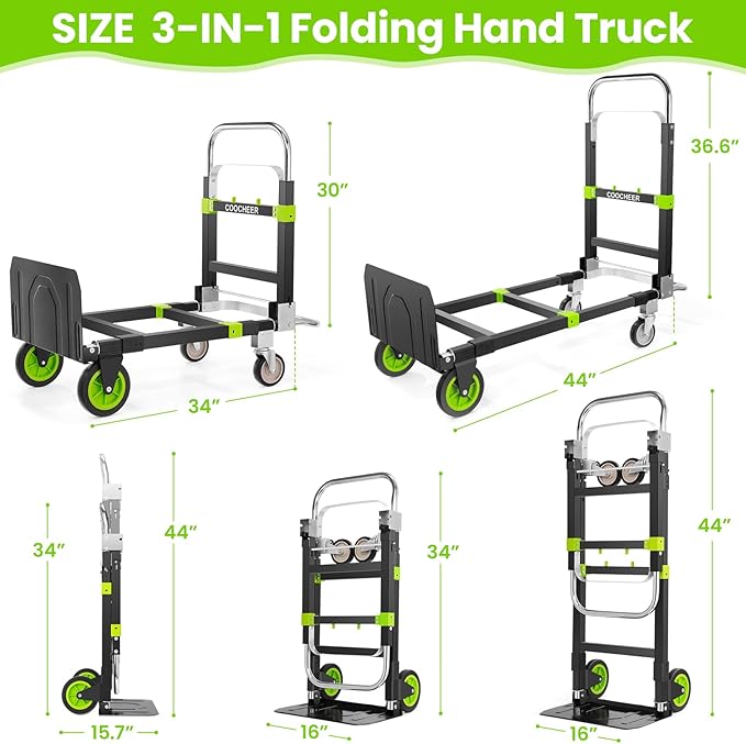 3-in-1 Folding Hand Trucks, 600Lbs Convertible Hand Truck Dolly, Heavy Duty - Image 2