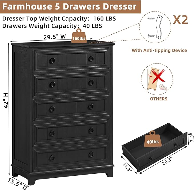 Joaxswe Farmhouse 5 Drawer Dresser - Image 2
