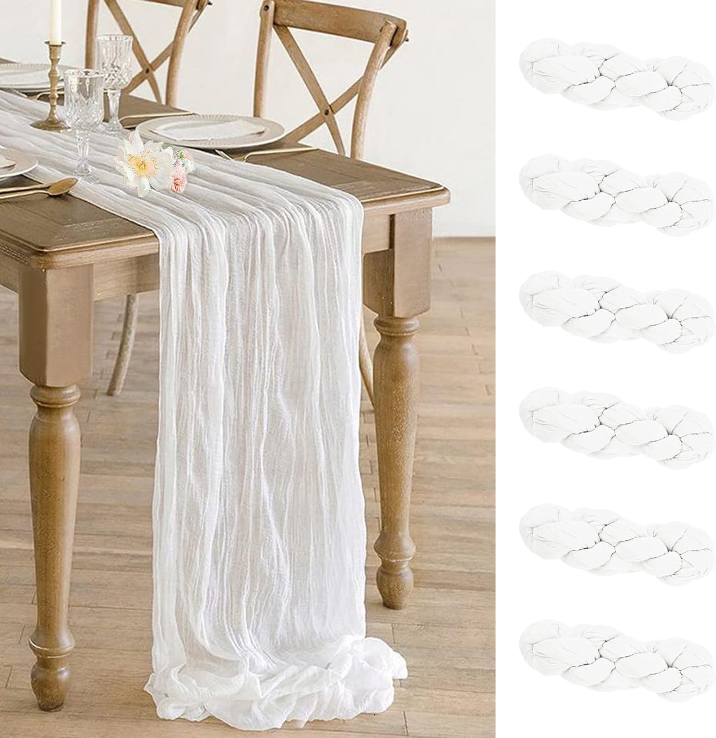 6 Pack White Cheesecloth Table Runner - 10Ft Gauze Cheese Cloth Table Runner 35x120 Inch Long Romantic White Table Cloth for Wedding Bridal Baby Shower Boho Table Decoration