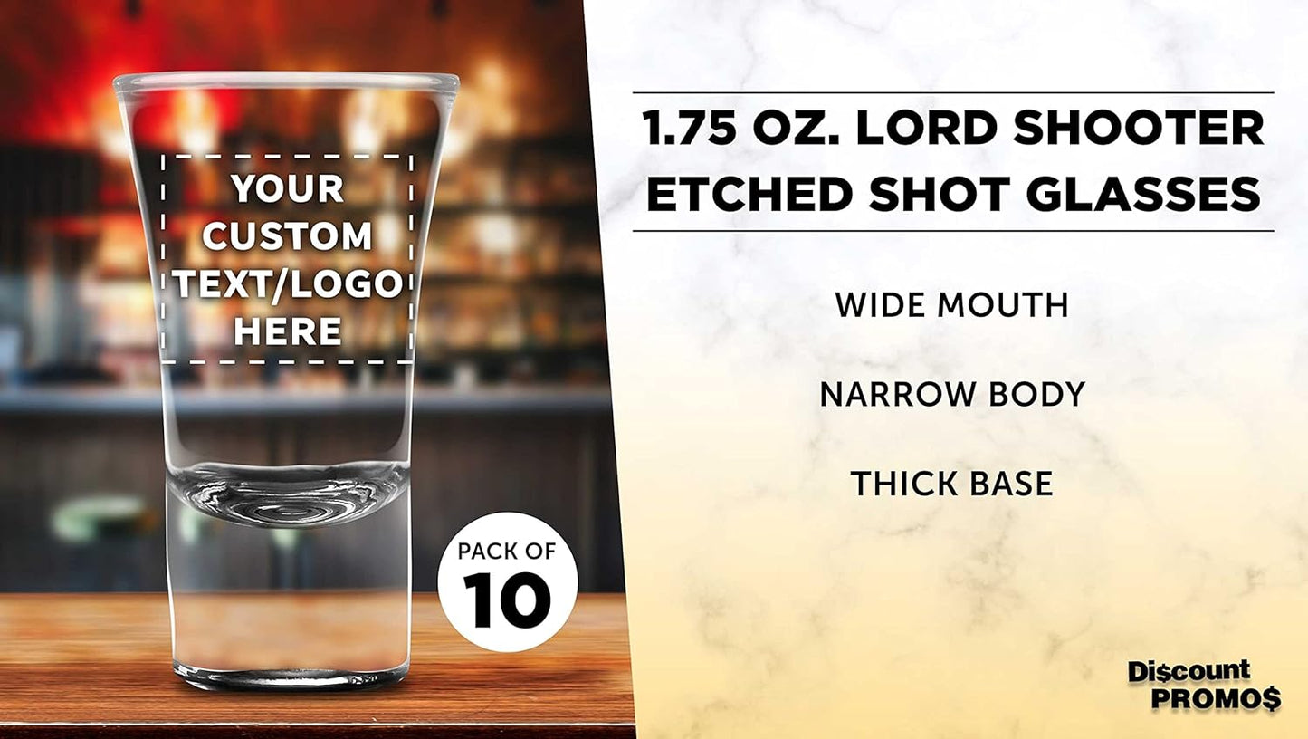 Custom 2 oz. Lord Shooter Etched Shot Glasses, 10 pack, Personalized Text, Logo, 21st Birthday Party, Lounge Glassware, Black