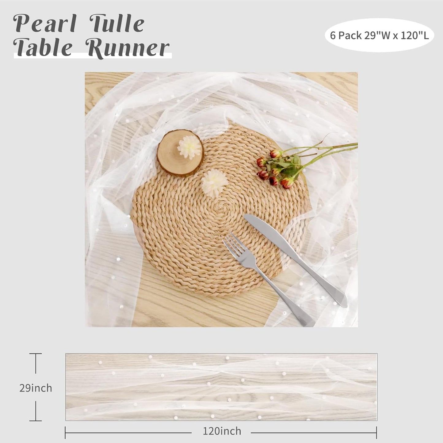 Set of 6 Pearl Table Runner 29 x 120 Inch White Tulle Fabric Lace Table Runners Boho Rustic Table Runners for Bridal Shower Birthday Party Wedding Arch Aisle Veil Dessert Table Decor(White)