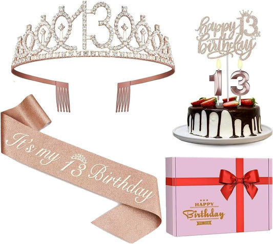 13th Birthday Decorations for Girls, Including Sash, Crown/Tiara, Candles and Cake Topper, Rose Gold Teen Girl Gifts for 13 Year Old Birthday Decorations