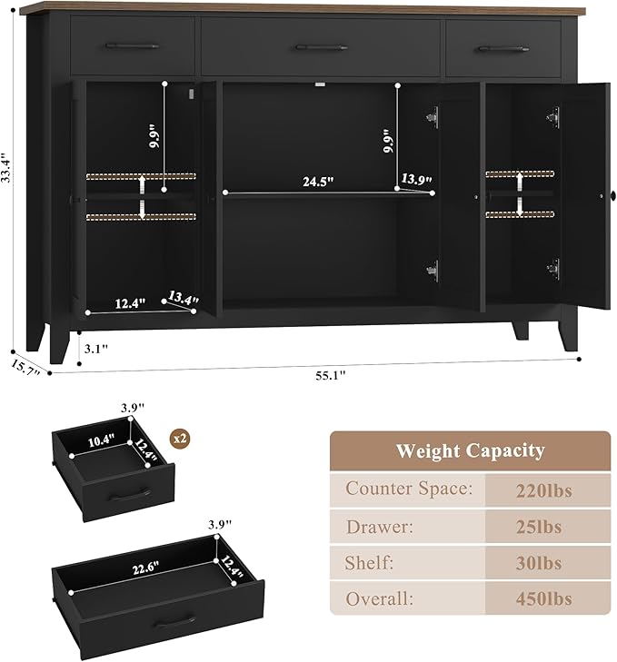 HORSTORS 55" Buffet Cabinet, Modern Farmhouse Sideboard Buffet - Image 3