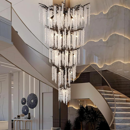 118'' Black Branch High Ceiling Chandelier, 28-Light Modern Long Tree Chandeliers, 3CCT Dimmable, Large Luxury Foyer Chandelier, Raindrop K9 Crystals Fixtures for Staircase, Entryway, Living Room