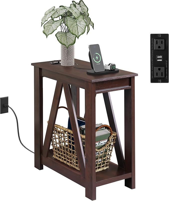 WLIVE Narrow End Table with Charging Station of Open Storage Shelf，Sofa Side by WLIVE