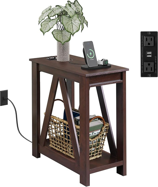 WLIVE Narrow End Table with Charging Station of Open Storage Shelf，Sofa Side by WLIVE