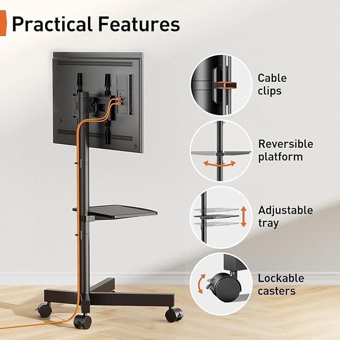 Perlegear Rolling TV Stand for 23-60 Inch LED Flat Screen/Curved TVs up to 88lbs - Image 7