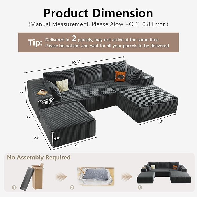 95" Cloud Sectional Couch U-Shaped Chaise - Image 2