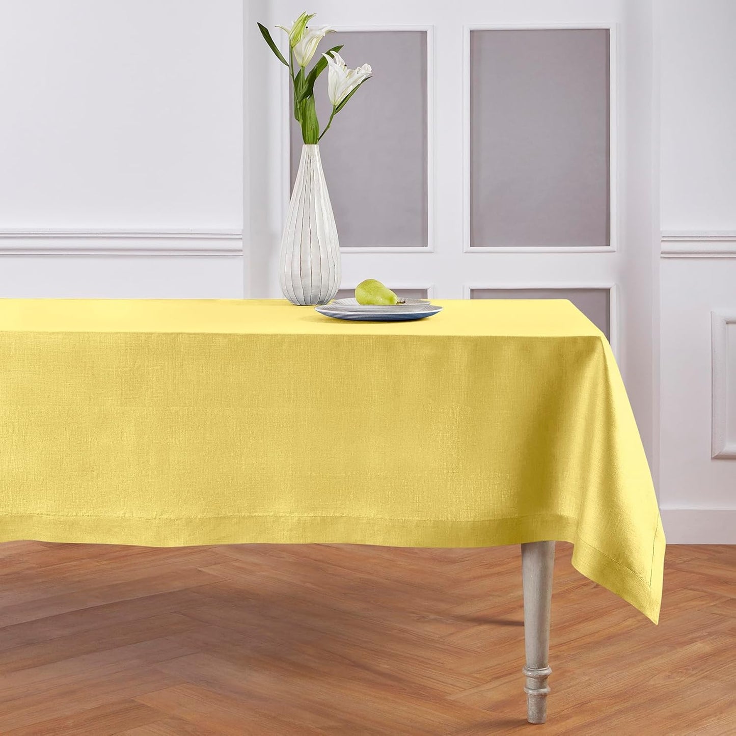 Solino Home Linen Tablecloth for Rectangle Tables 60 x 120 Inch - 100% Pure Linen Sunshine Yellow Table Cloth - Fete, Machine Washable Cloth Tablecloth