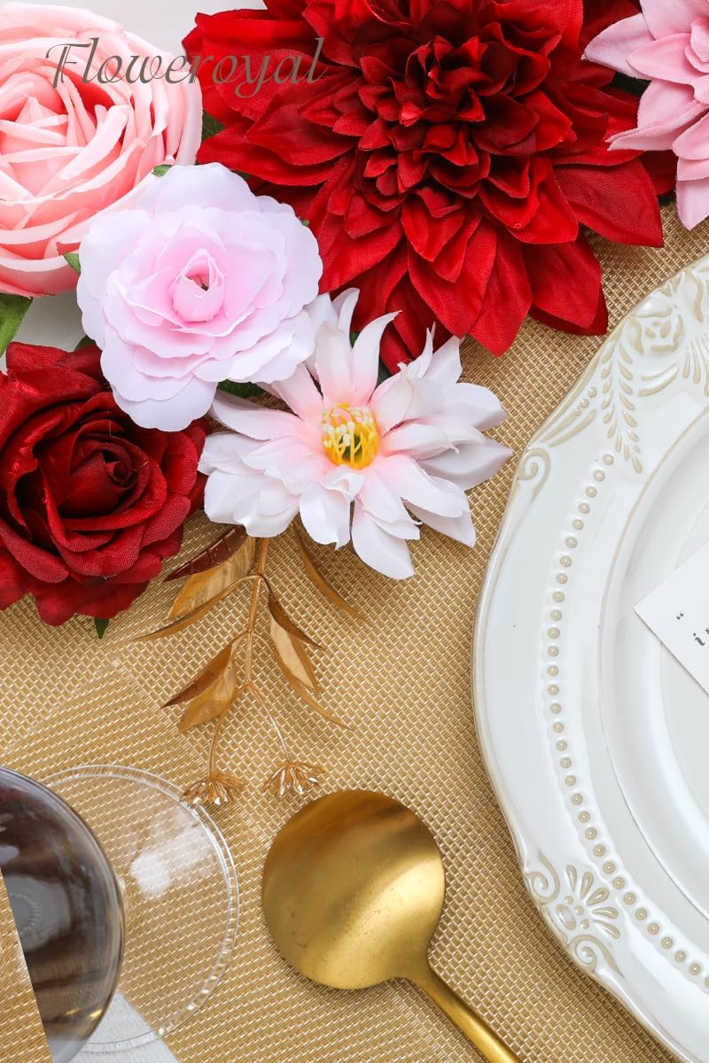 Floweroyal Artificial Flowers Combo Red Flowers Mix Silk Flowers Dahlia Roses with Stems for DIY Wedding Bridal Bouquets, Baby Shower, Floral Arrangement, Table Centerpieces, Home Decorations.