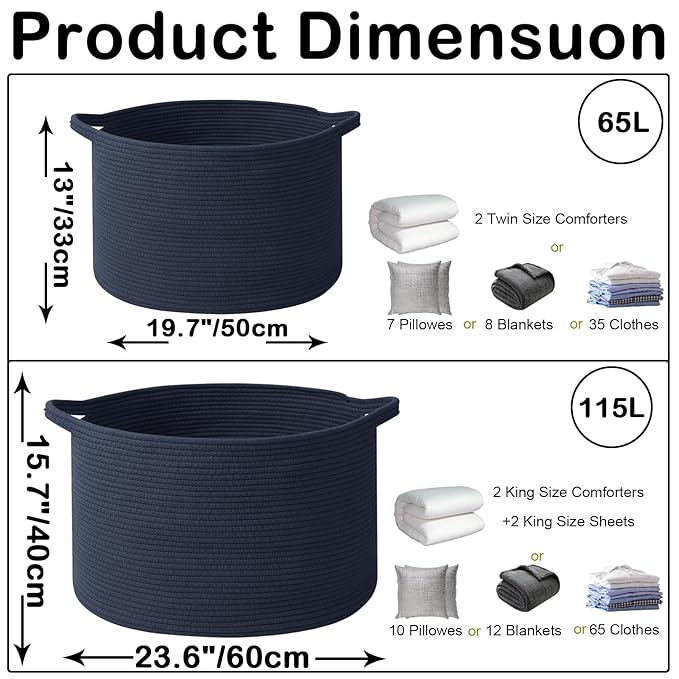 65L Large Blanket Basket, Woven Rope Laundry Basket Hamper - Image 2