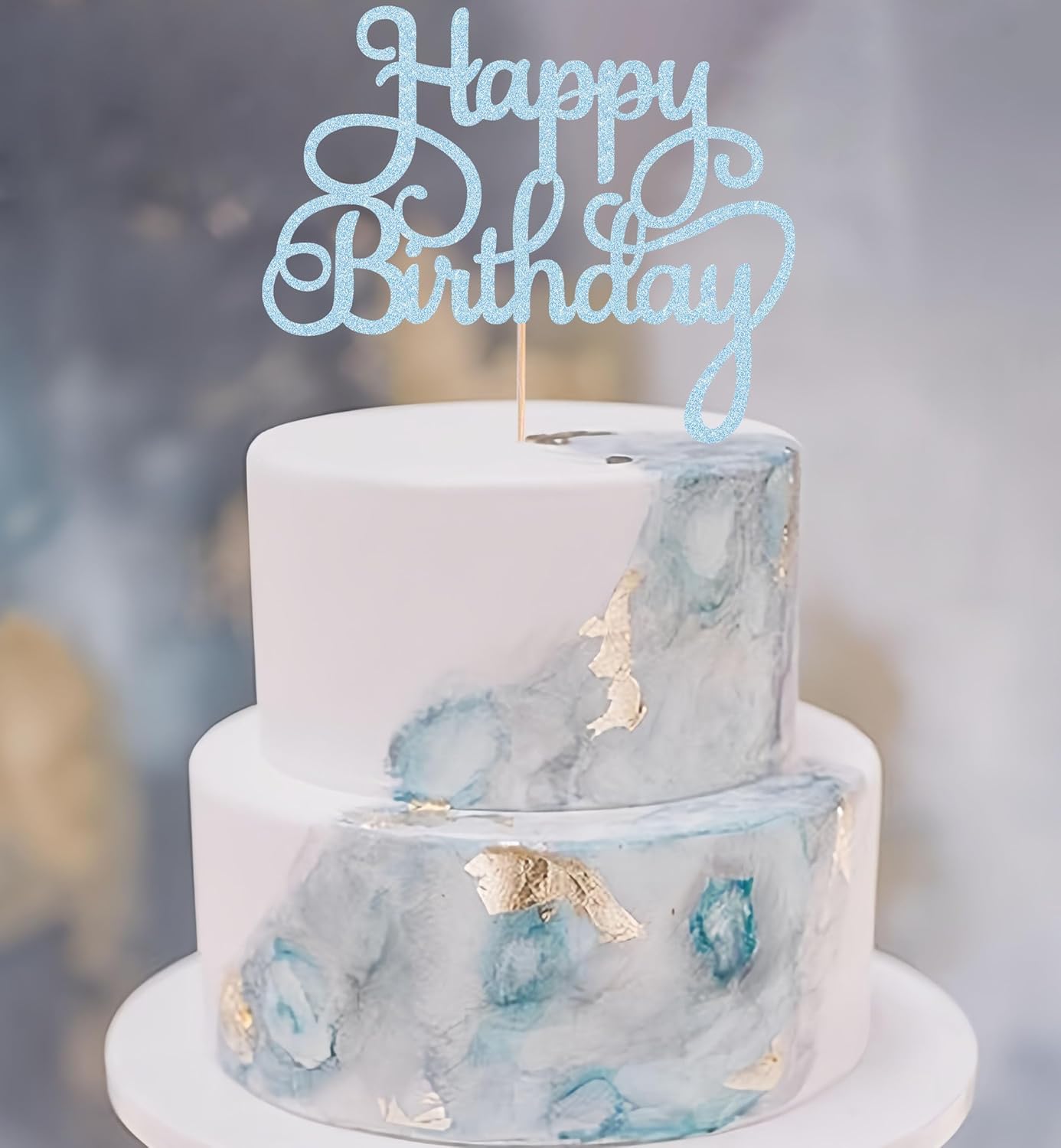 Happy Birthday Cake Topper - Light Blue Glitter Birthday Party Cake Decoration Supplies - Happy Birthday Cake Decor, for Anniversary/Birthday Party Supplies Photo Booth Props
