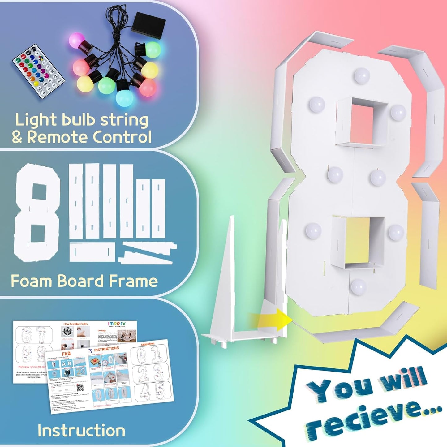 imprsv 3FT Colorful Marquee Numbers,18 Colors Number 8 with Remote, Light Up Numbers Sign for 1st Birthday Decorations Anniversary Party Decor, Pre-Cut Foam Board Kit, Mosaic Sign for Balloon