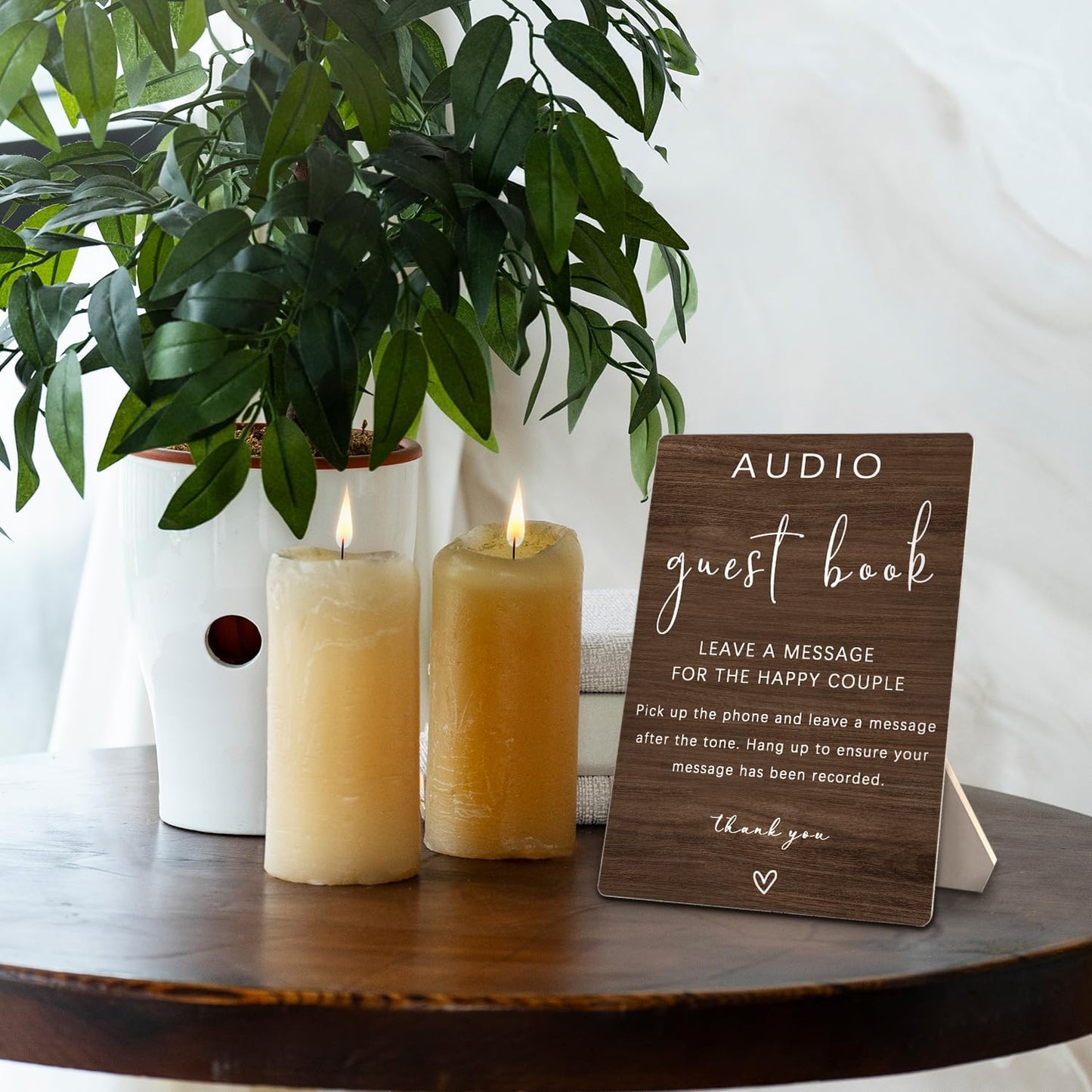 Audio Guestbook Sign, Audio Phone Guestbook Wooden Stand 5x7inch, Wedding Telephone Phone Audio Message Guest Book Sign, Wedding Table Decoration (Brown)