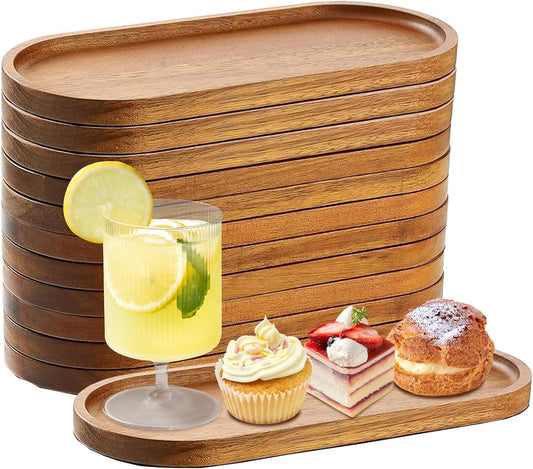 12 Pcs Solid Acacia Wood Serving Trays, 10 Inch Rectangular Wooden Serving Platter Oval Wooden Plates Wood Cheese Plate Acacia Cheese Board for Charcuterie essert Snack Bread Fruit Appetizer