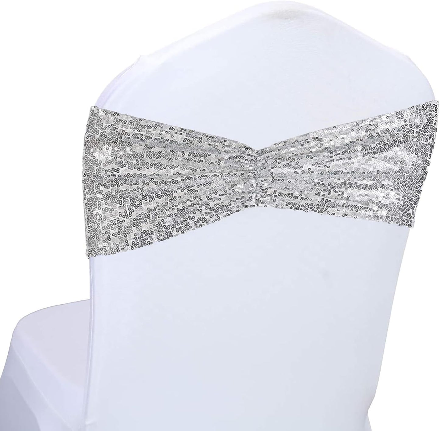 SquarePie Pack of 100 Chair Sashes Bows Sparkly Silver Sequin Chair Bands for Wedding Party Banquet Home Decor