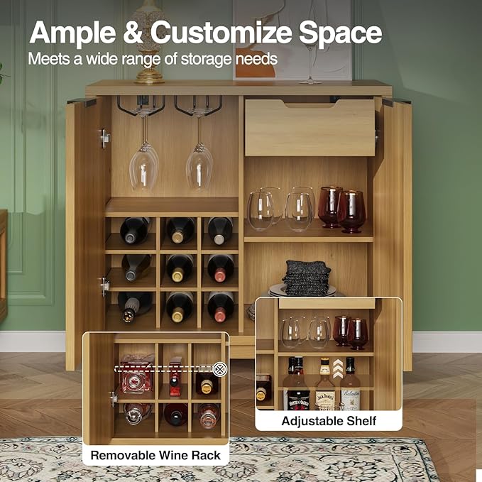 Fluted Coffee Bar Cabinet with Storage, Modern Sideboard Buffet Cabinet with - Image 7