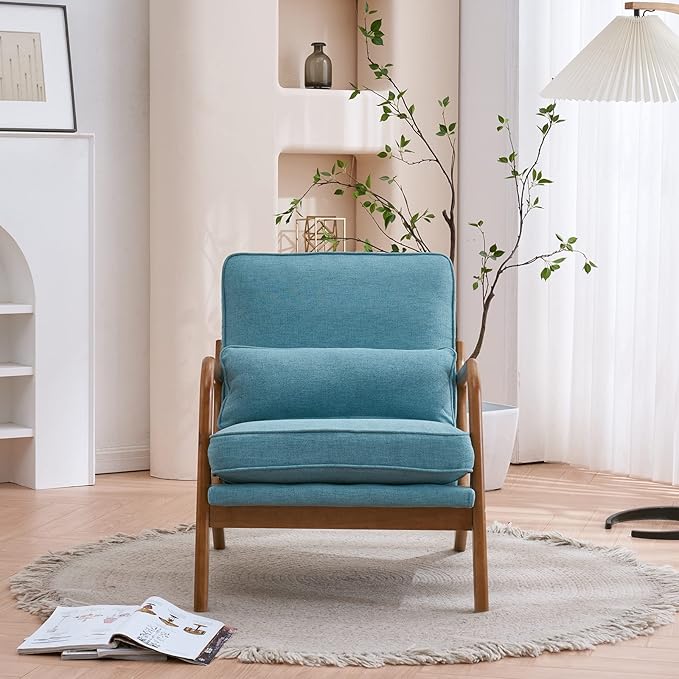 Bonnlo LinenTeal Mid Century Modern Accent Chair, Soild Wood Padding Lounge - Image 5